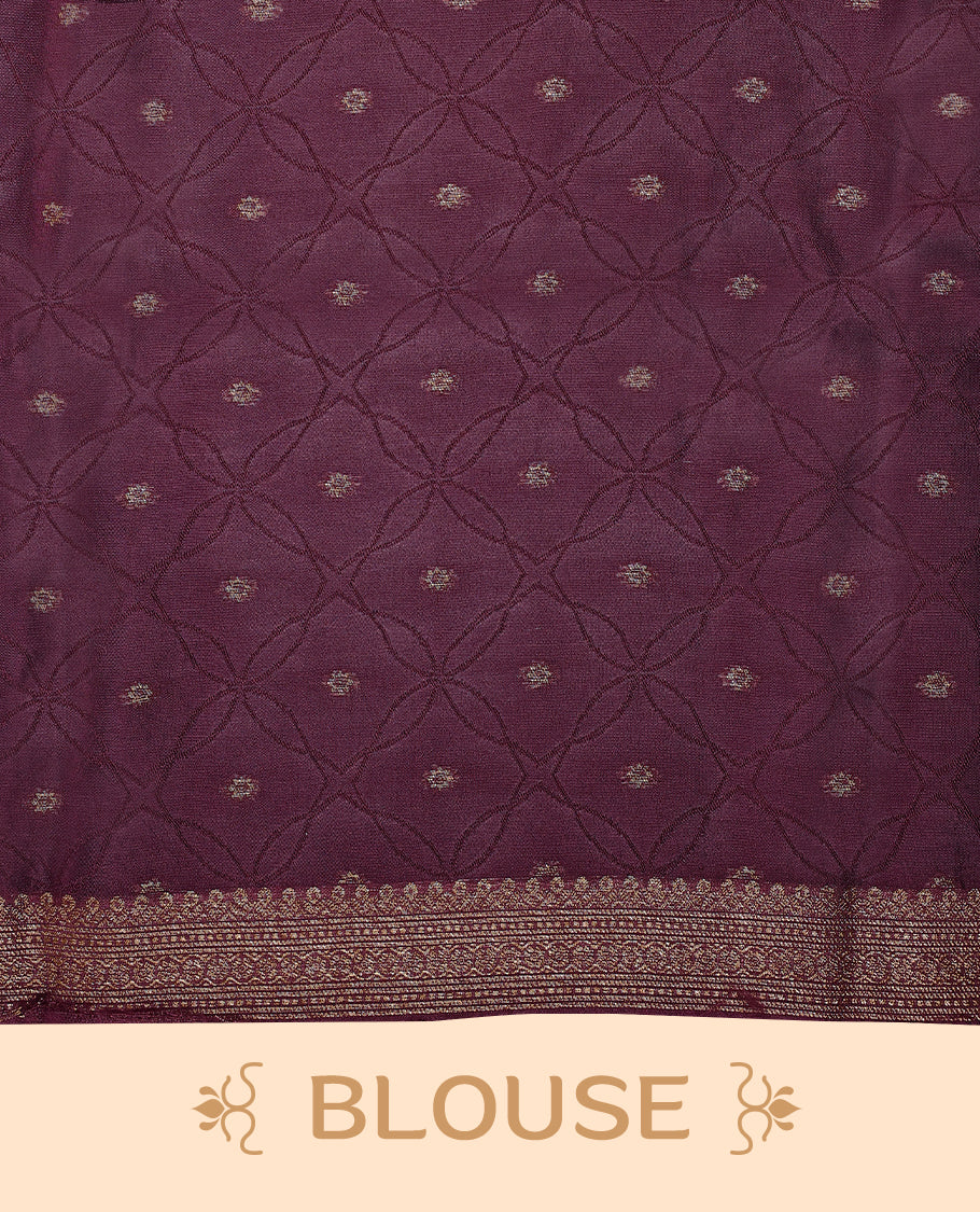 Onion pink and grape wine double shade semi Banaras Tussar Georgette saree adorned with elegant antique gold zari floral motifs across the body, featuring a detailed woven border and grand pallu, paired with a matching blouse piece.