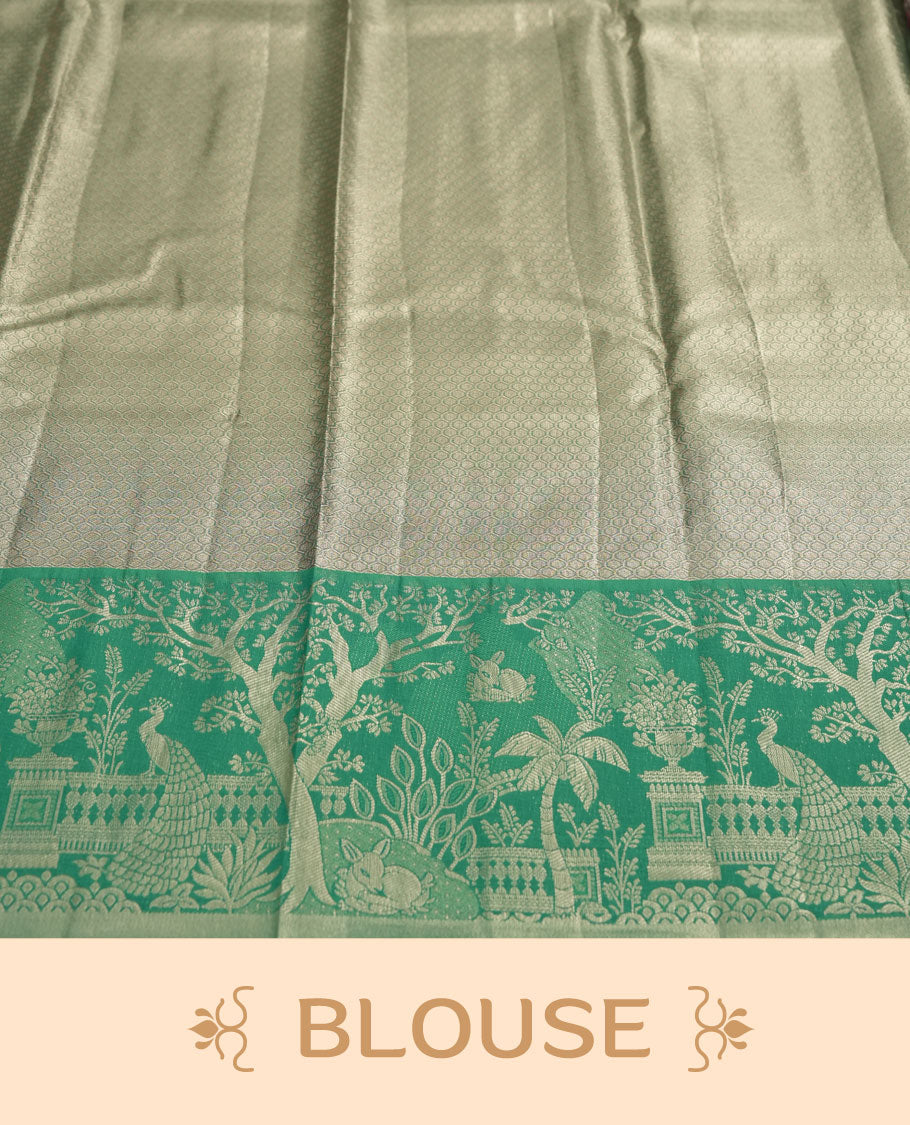 Pastel purple colour and Antique gold check Zari Tissue Brocade Saree features intricate bird Motifs on body and green colour fancy border & pallu with forest patterns, paired with matching blouse