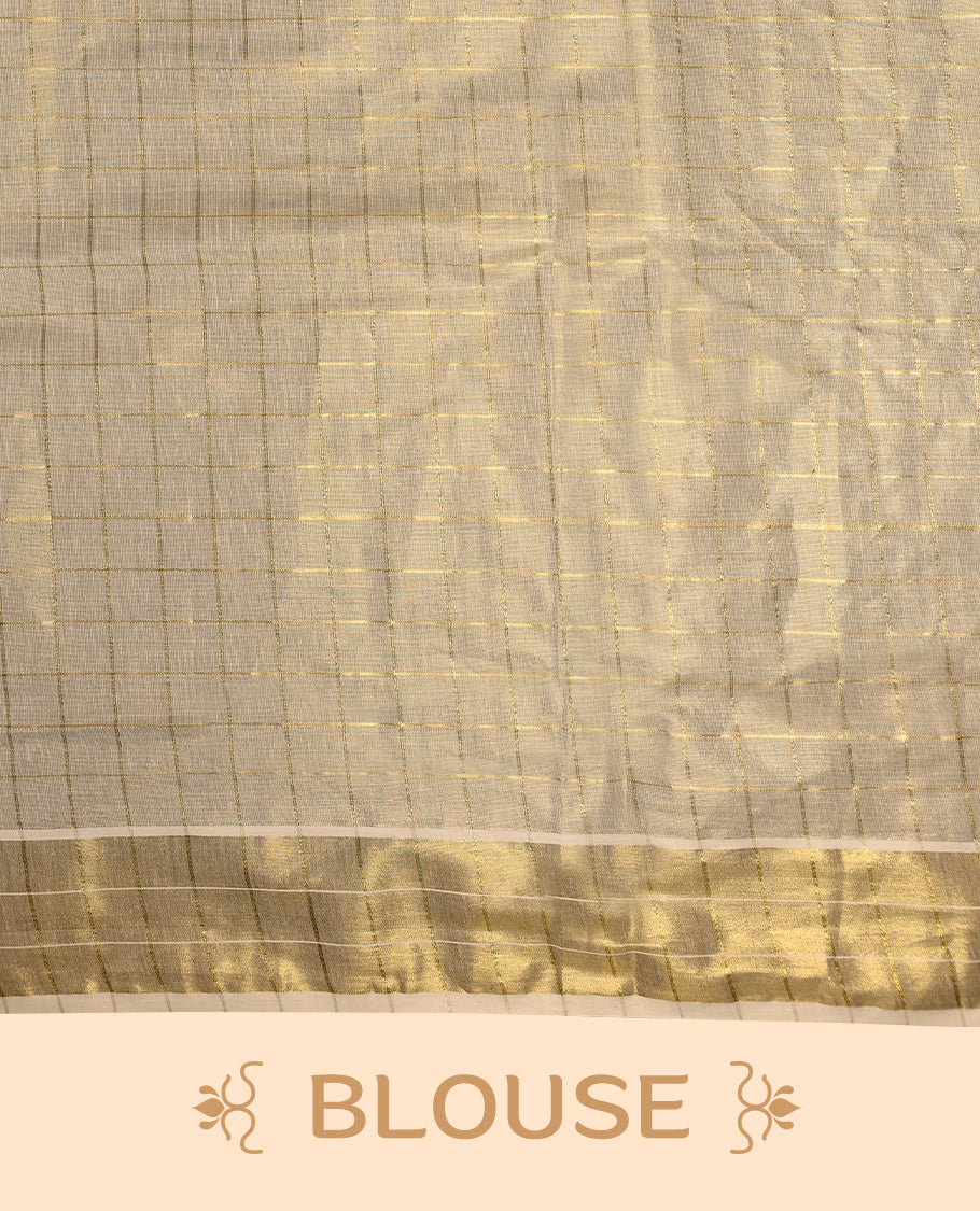 Light Gold colour Tissue Kerala saree featuring Kathakali motifs on the body, golden zari checks, and a beautifully woven border with Floral Printed motifs, paired with a matching blouse perfect for festive occasions.