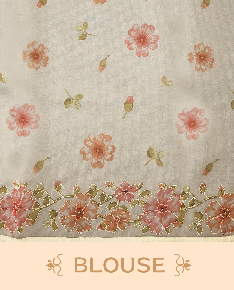 Ivory white colour organza saree adorned with Peach floral print with thread detailing on the border and pallu, in a sheer finish that adds elegance, paired with a matching blouse for a graceful look.