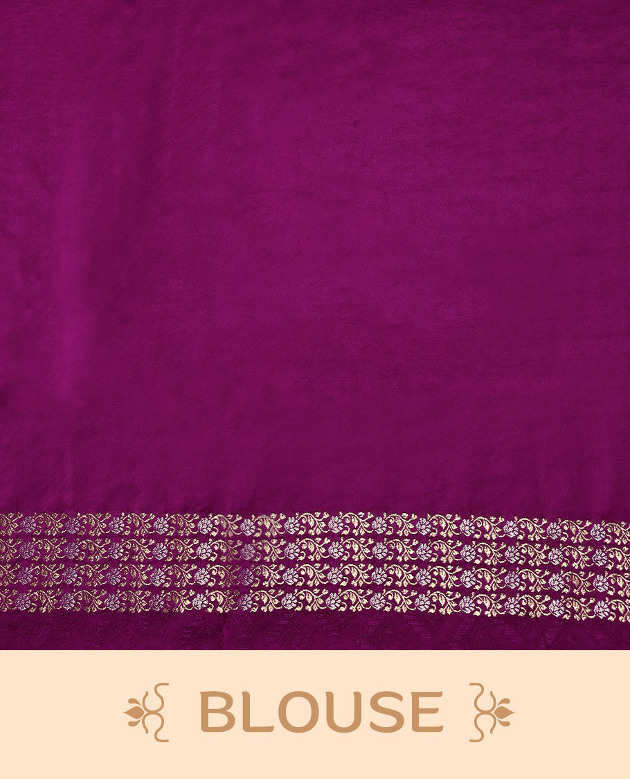 Grape colour pure Banaras crepe saree showcases elegant Gold & Silver zari Motifs all over the body, a traditional gold & Silver zari border, a rich intricately woven pallu, and comes with a matching blouse.