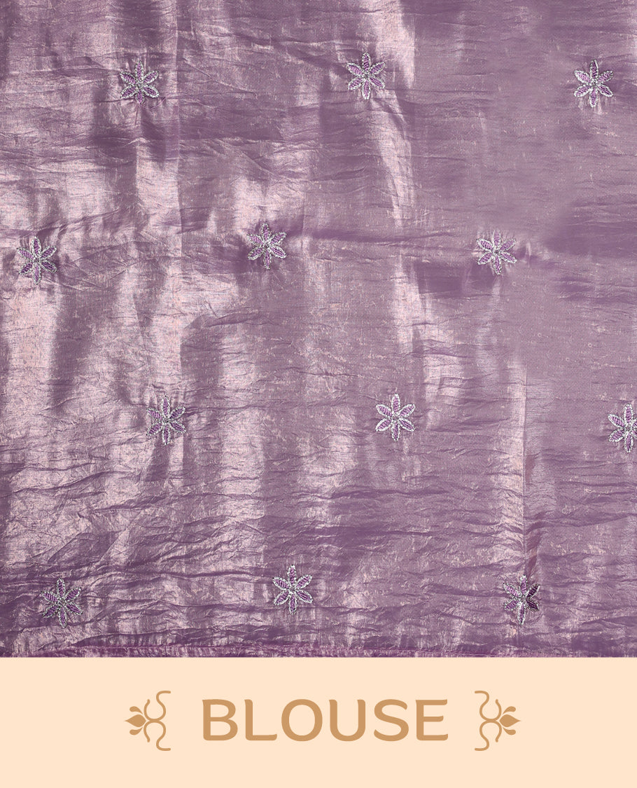 Pastel Purple colour crush soft silk saree adorned with bold floral thread embroidery on the body and scallop edged borders, Paired with a matching blouse for a complete look.