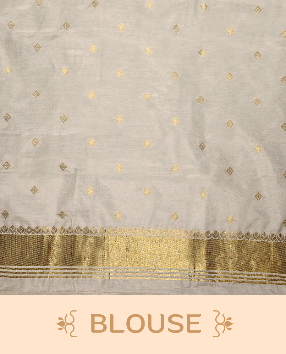 Elegant white colour sotf  Tussar Kerala saree featuring Flower motifs on body, Gold kasavu border, Rich Pallu, Paired with matching blouse offering a classic and graceful look