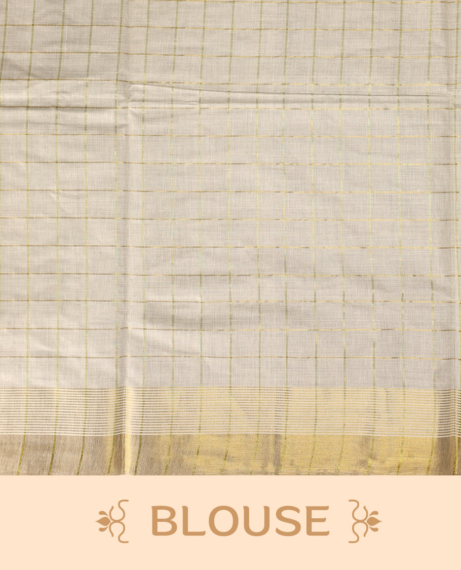 Elegant off white colour cotton Kerala saree with subtle golden and golden checked patterns and a broad golden zari border, Lightweight, breathable, and perfect for traditional events, Includes blouse piece.