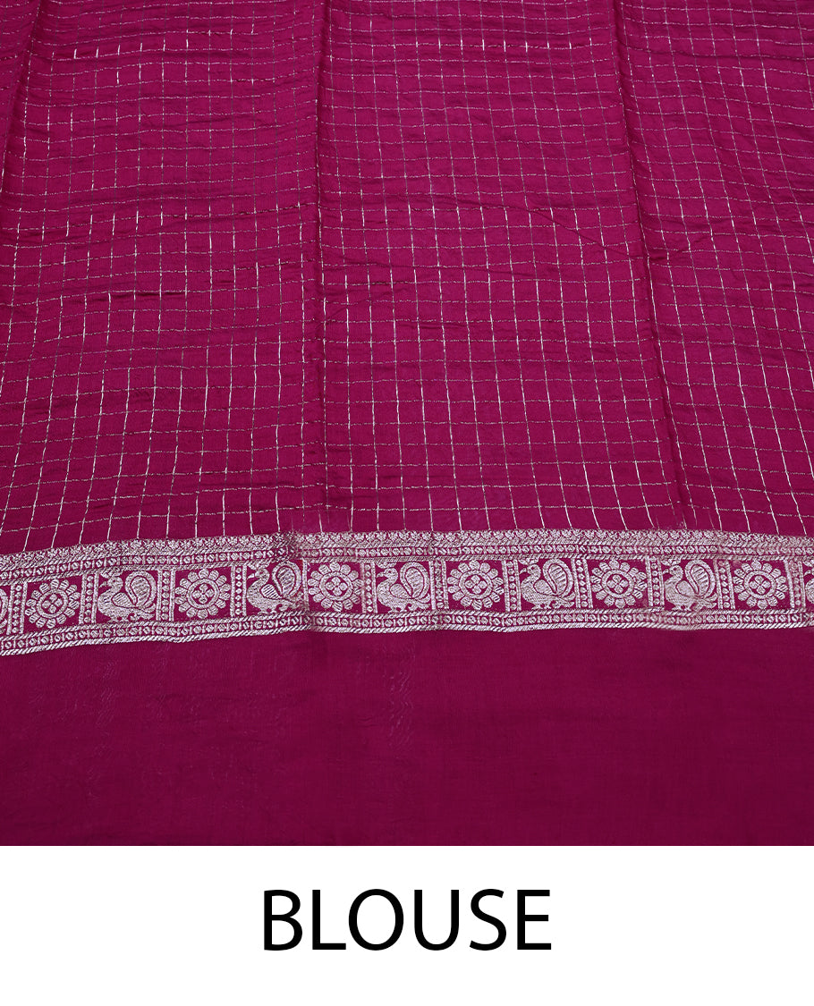 Off White Colour Assam Silk Saree Saree having Checked Body with Dark Magenta Colour Border and Blouse