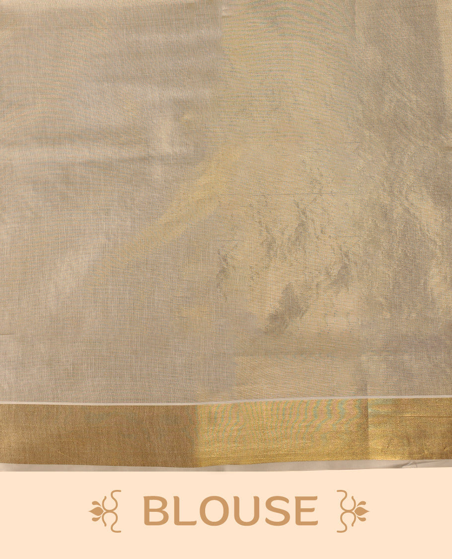 Elegant Light Gold colour Tissue Kerala saree featuring peacock feather embroidery worked body and traditional golden zari kasavu border offering a classic and graceful look, paired with a matching blouse.