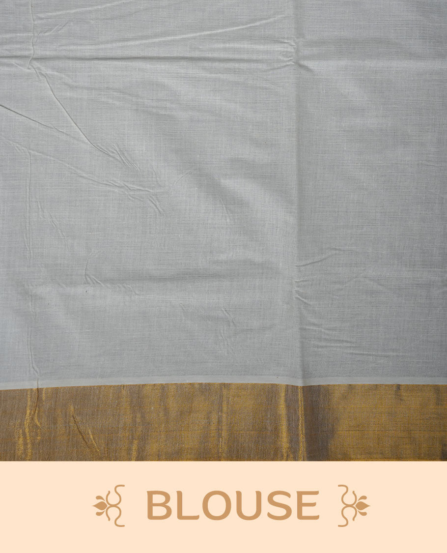 Off-white colour cotton Kerala saree featuring traditional Kathakali motifs on the body, complemented by a golden zari border and classic pallu, paired with a matching blouse.