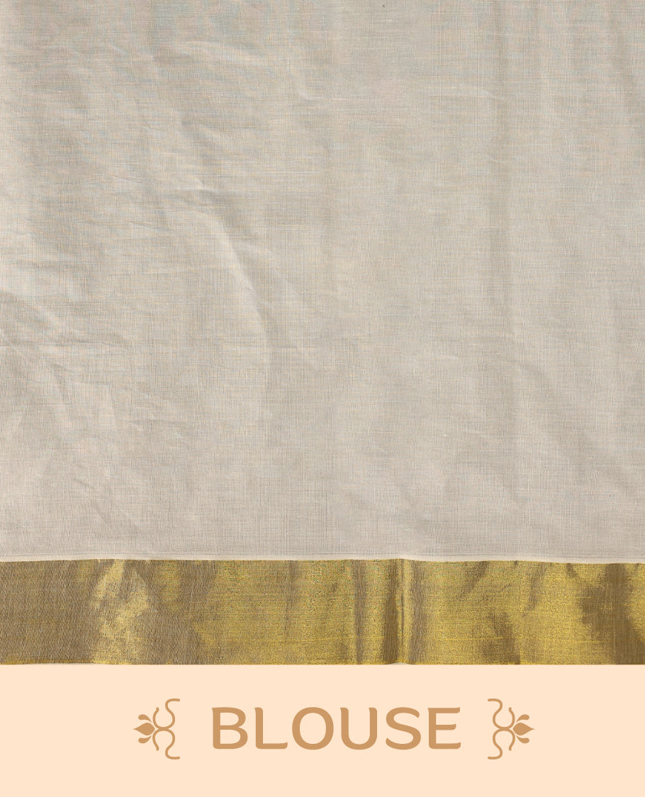 Graceful off white colour cotton Kerala saree featuring vibrant Kathakali face motifs and a floral printed golden border. Traditional yet striking, perfect for festive and cultural celebrations.