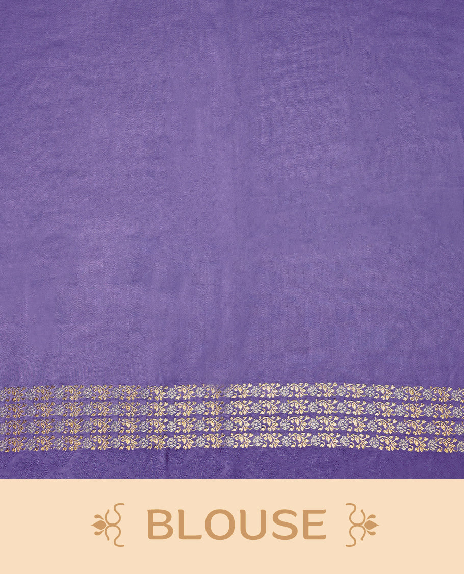 Pastel Purple colour pure Banaras crepe saree showcases elegant Gold & Silver zari Motifs all over the body, a traditional gold & Silver zari border, a rich intricately woven pallu, and comes with a matching blouse.