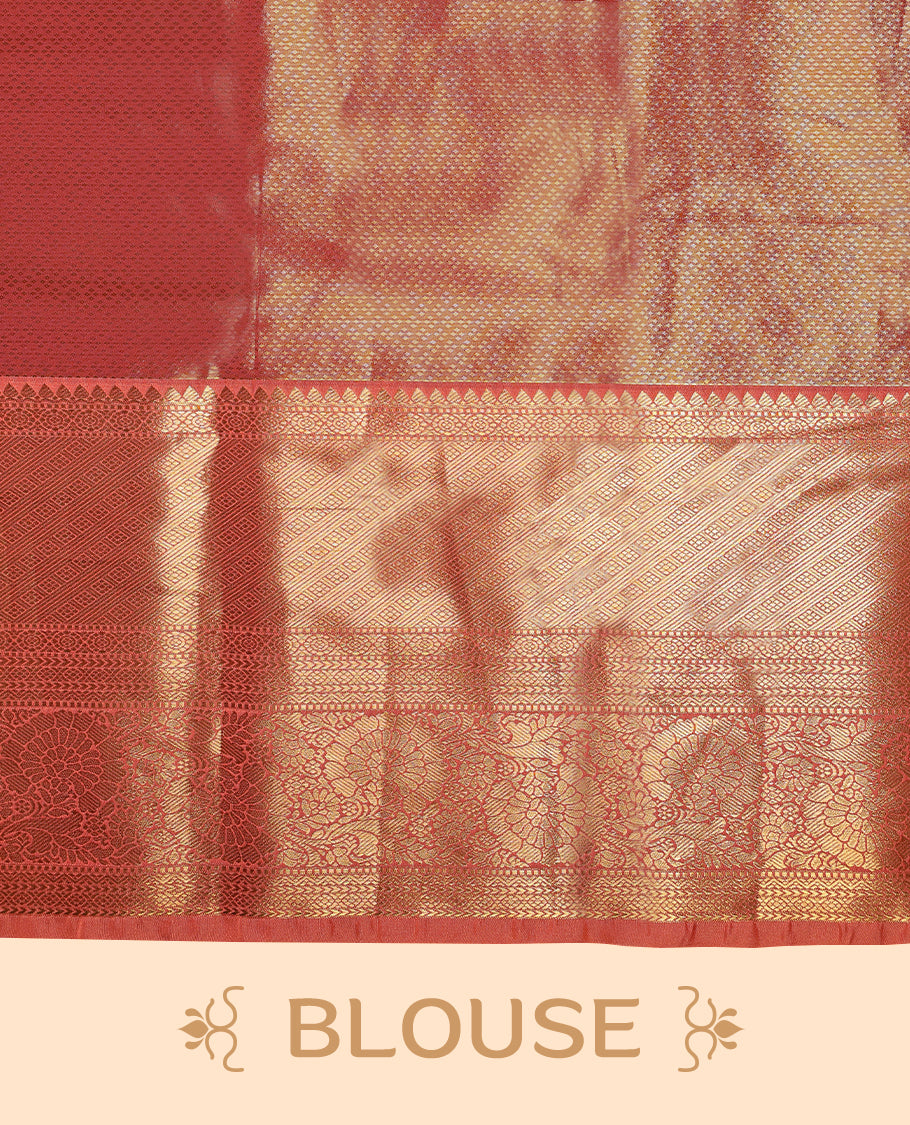 Gold colour tissue brocade saree with gold and silver zari floral & Geometric pattern on body, gold zari traditional floral and peacock work Peach border, rich matching pallu with Antique zari motifs, paired with matching blouse.