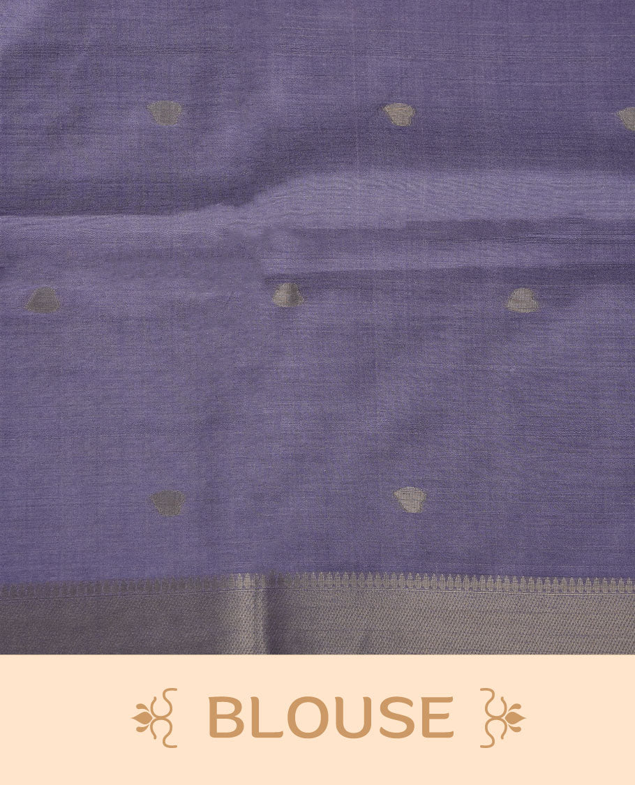 Lavender colour semi jamdani tussar saree featuring woven Floral kodi & butterfly motifs on the body, complemented by a self colour without border pallu, paired with a matching blouse.