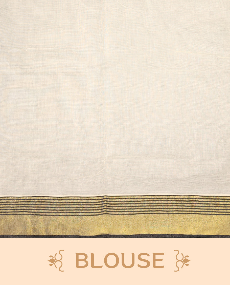 Classic pure cotton Kerala saree with a cream base, golden zari border, and elegant black striped detailing, A timeless choice for traditional events and festive occasions & Comes with a matching blouse piece.