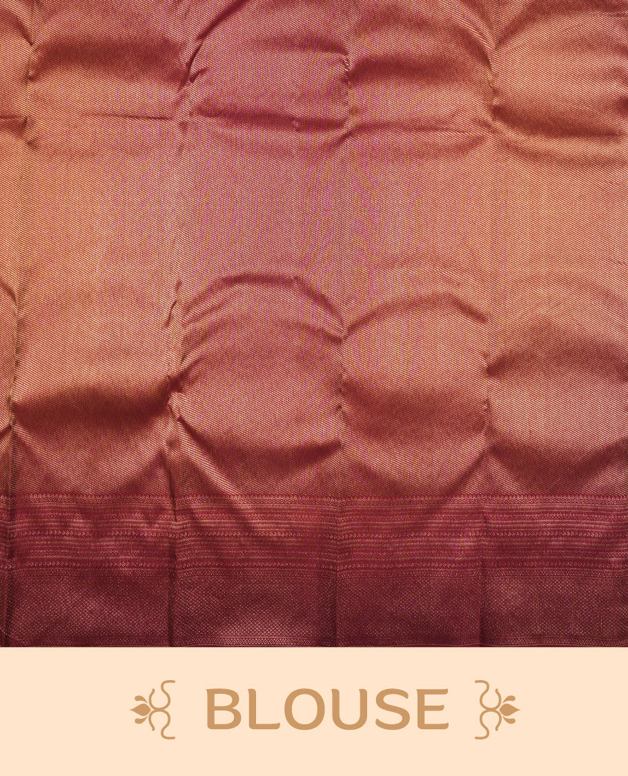 Ruby red colour Kanchipuram pattern Manthrakodi saree featuring antique kodi zari jacquard design on the body, complemented with a graceful self turning border and a matching zari jacquard blouse piece.