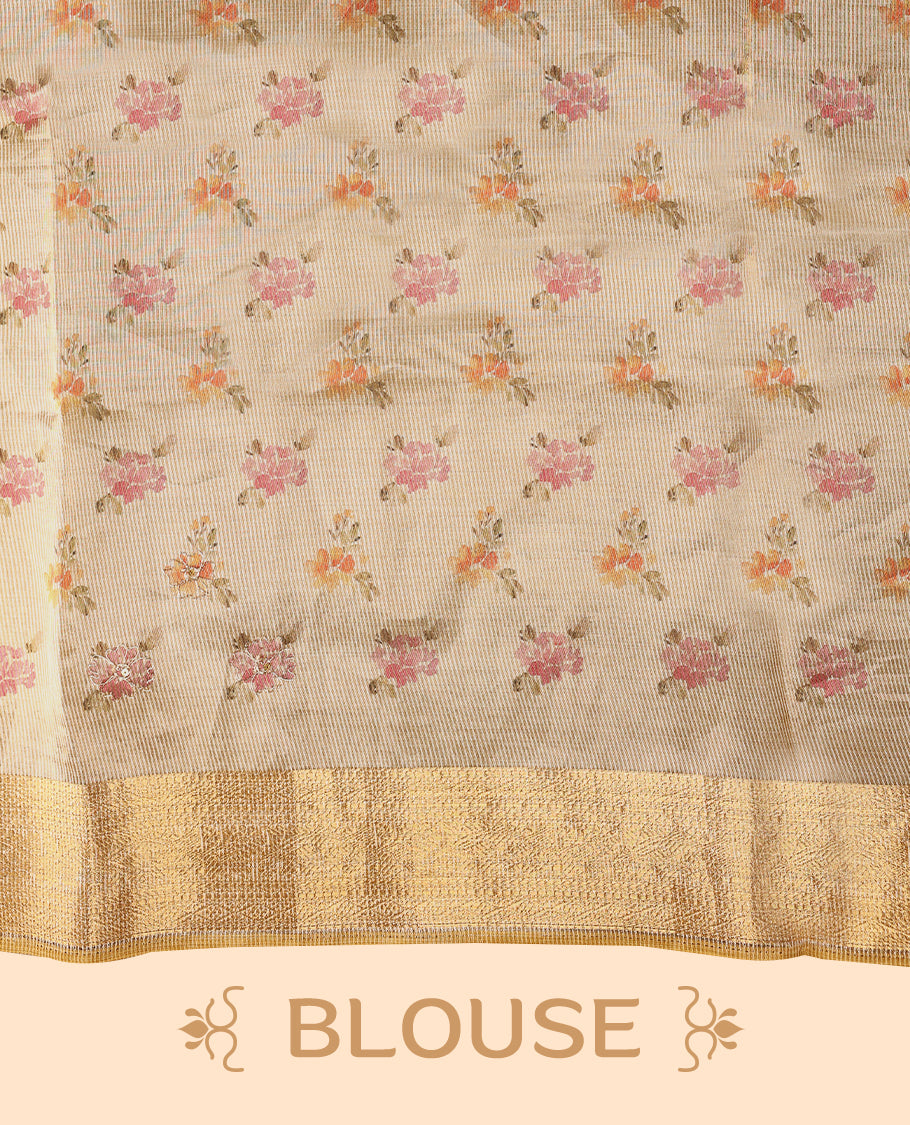 Ivory tussar Kerala saree adorned with intricate floral Digital Prints, complemented by a rich zari border, detailed pallu with matching Blouse