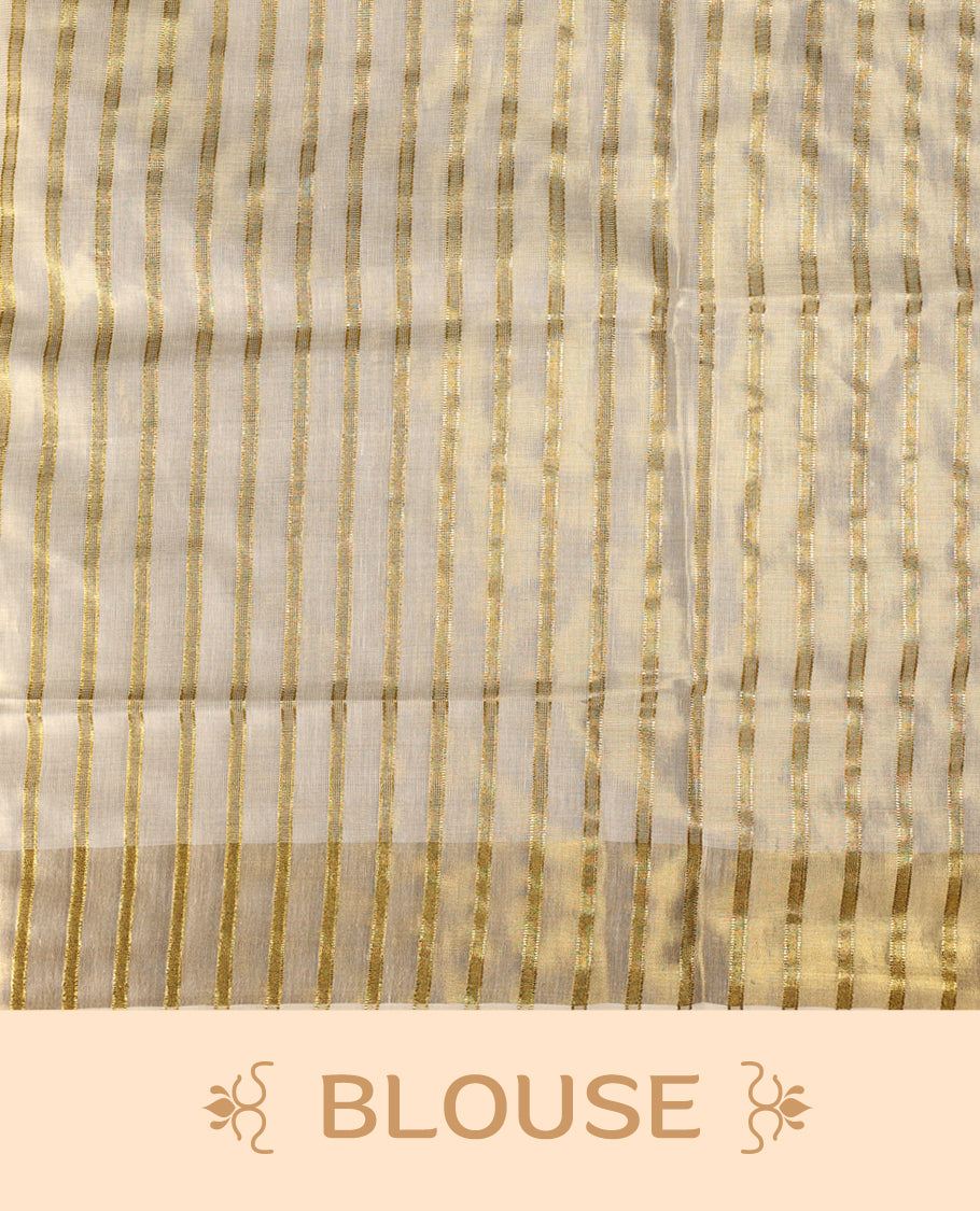 Elegant off white tissue Kerala saree featuring golden stripes and vibrant orange butterfly motifs, enhanced with a traditional golden zari border, offering a graceful and artistic look, paired with a matching blouse.