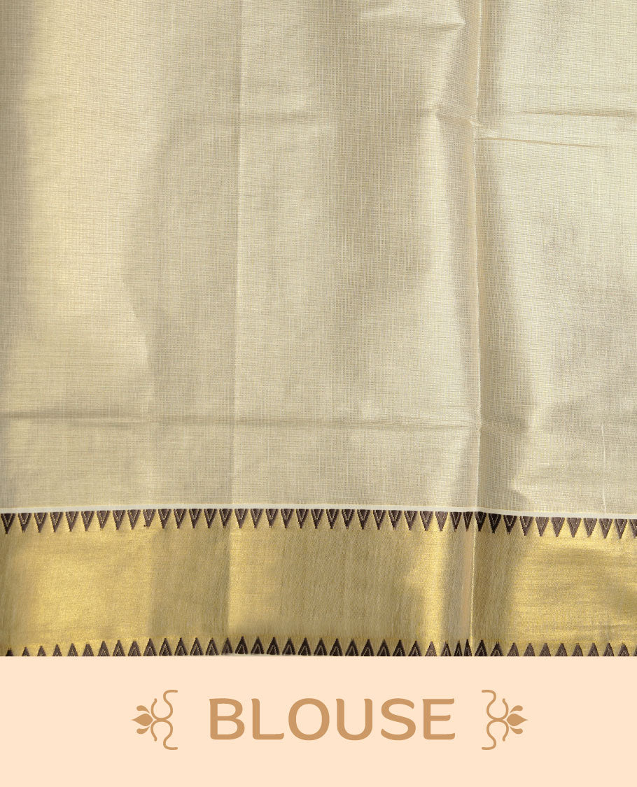 Light gold colour tissue Kerala saree featuring delicate gold zari buttas across the body, finished with a classic kasavu border highlighted by black triangle detailing, paired with a matching blouse.