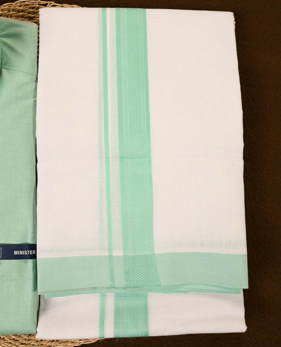 Pista Colour full sleeve shirt and white dhoti set featuring a coordinated Pista Green zari border designed for a stylish and traditional look ideal for festive and cultural occasions