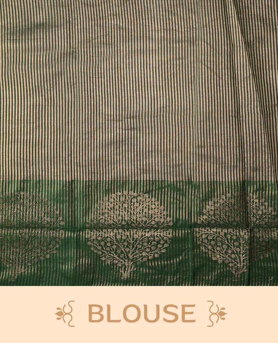 Bottle Green Colour Semi Tussar Silk saree featuring golden zari horizontal lines across the body, adorned with bold Leaf motifs on the border, paired with a matching blouse.