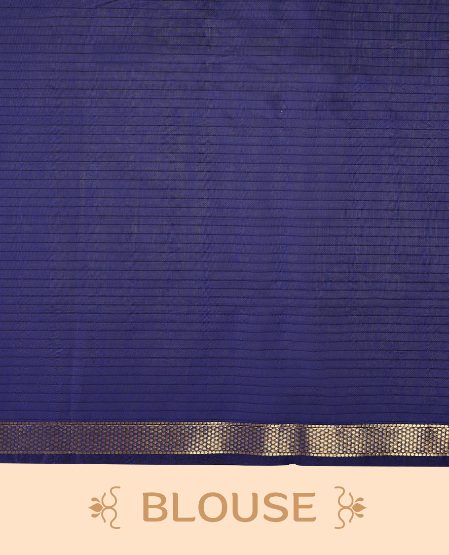 Deep Orange colour chanderi cotton saree with fine striped body, mangalgiri border, grand pallu featuring Blue and gold zari stripes, with matching blouse.