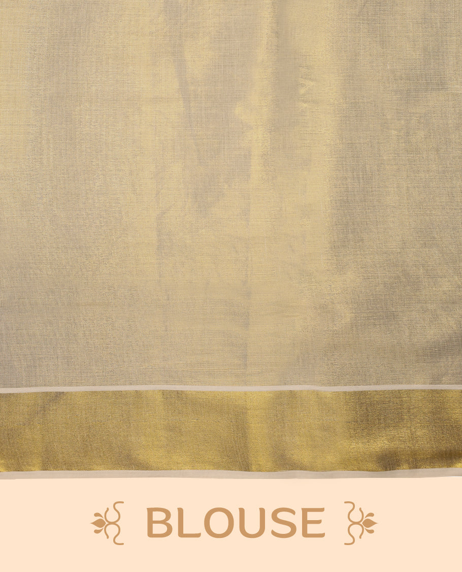 Light Gold colour Tissue Kerala saree featuring nell Kthir embroidery motifs on the body and a beautifully woven Gold Kasavu border, paired with a matching blouse perfect for festive occasions.