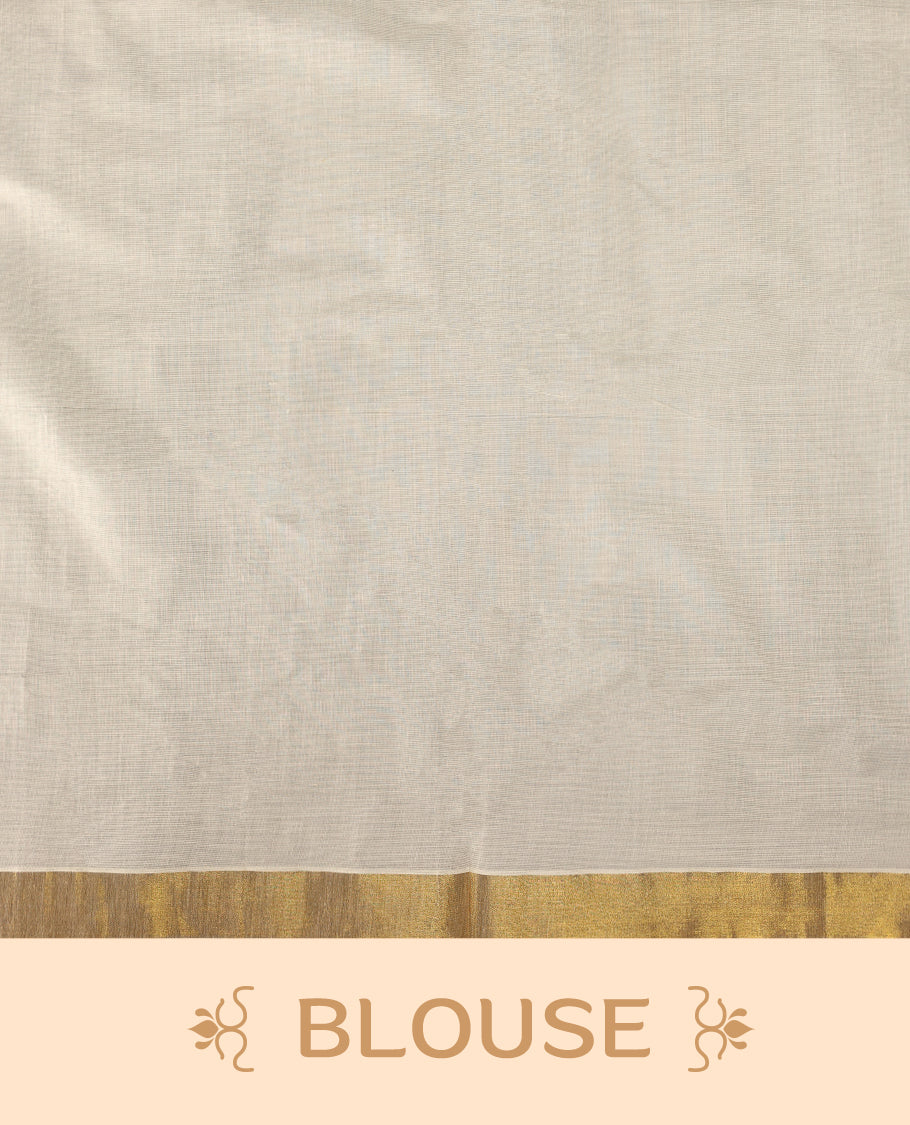 Elegant off white colour cotton Kerala saree featuring a golden zari border, colorful thread buttas, and vibrant peacock motifs on the pallu, and paired with matching blouse.