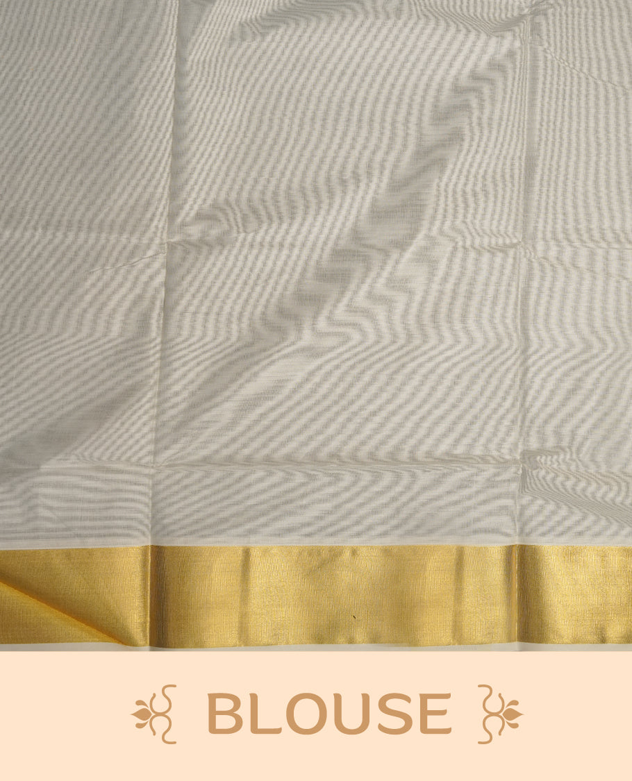Elegant off white colour cotton Kerala saree with gold zari buttas, broad kasavu border, and richly woven traditional pallu, paired with a matching blouse