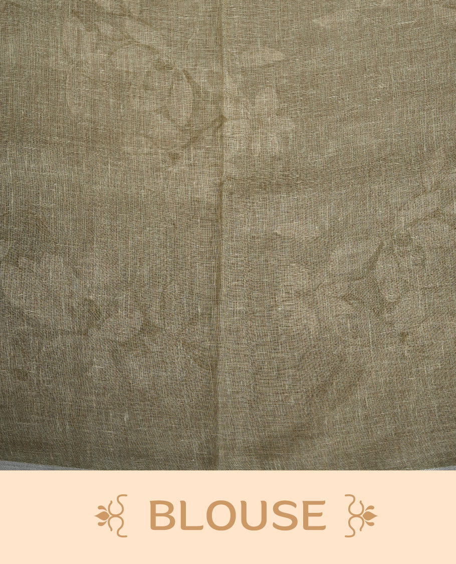 Khaki colour pure linen saree featuring Floral print pattern across body, silver thin border finished with matching blouse.
