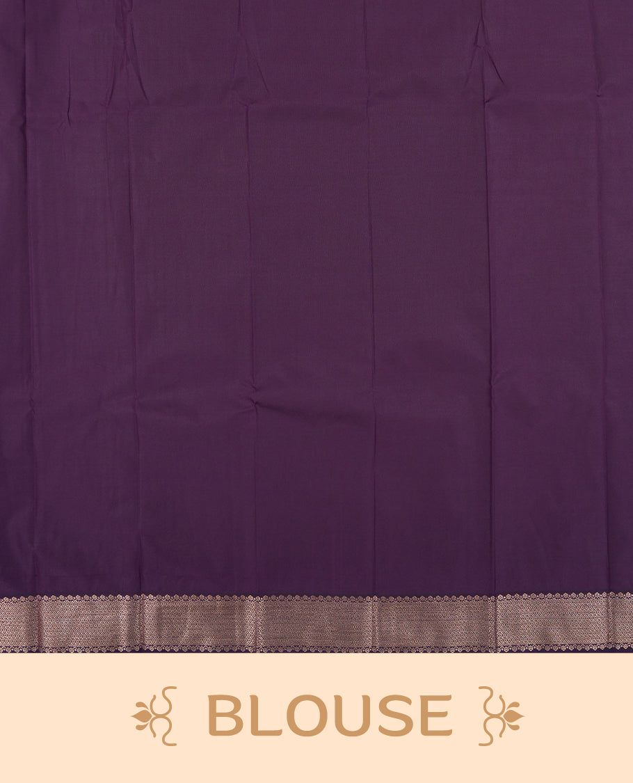 Red colour Semi Silk Saree with gold zari patterns on the body, paired with a contrasting dark purple traditional pallu and border, and a matching blouse piece.