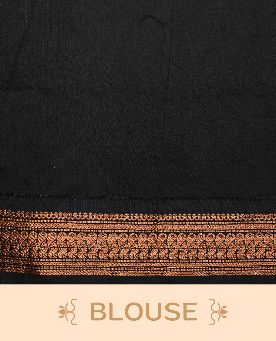 Orange colour kalyani cotton saree featuring antique zari motifs on body, complemented by Black colour with Antique zari border, paired with matching blouse piece.