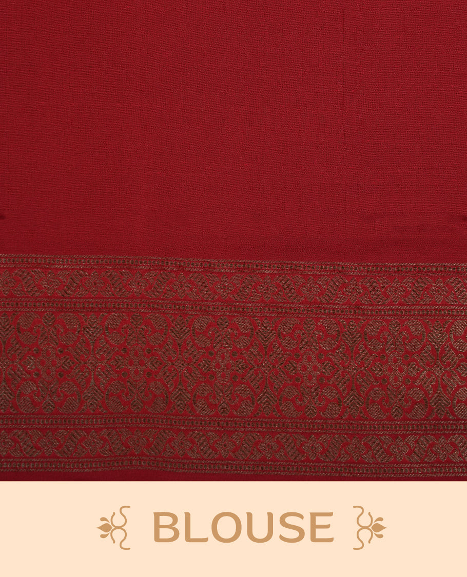 Red Colour Semi Banarasi Katan Silk Saree with Gold Zari Buti Motifs, Traditional Gold Floral Pallu, Elaborate Woven Border, Decorative Tassels with Matching Blouse