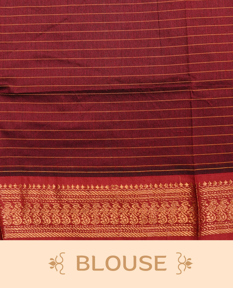 Mustard colour kalyani cotton saree featuring antique zari check pattern on body, complemented by Maroon colour with Antique zari border, paired with matching blouse piece.