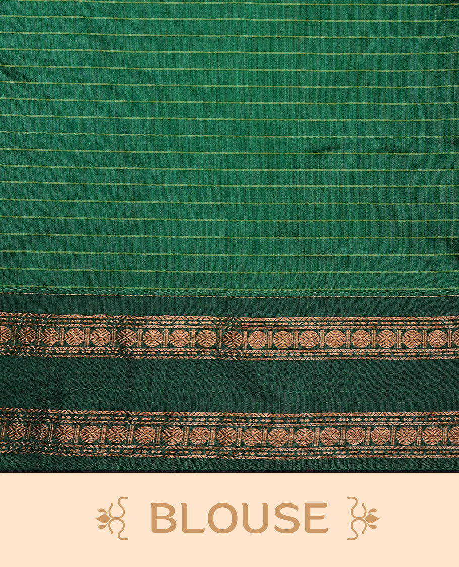 Green colour kalyani cotton saree featuring gold zari check pattern on body, complemented by Self colour with Antique zari border, paired with matching blouse piece.