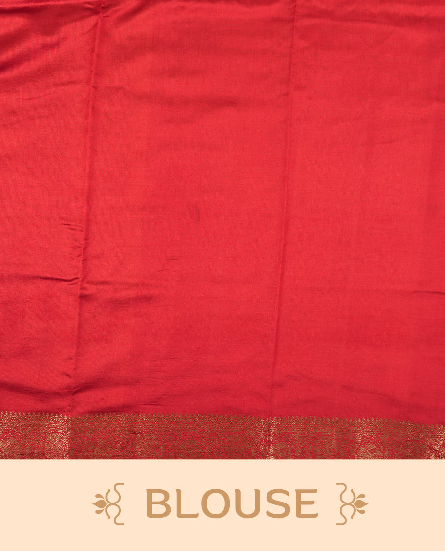 Cream Beige Colour Banaras Soft Silk Saree with Gold Zari Leaf Diamond Buttas, Intricate Multi-Layered Floral Border, Grand Pallu with Ornate Floral Brocade Motifs in Deep Red and Gold Tones, and Matching Red Blouse.