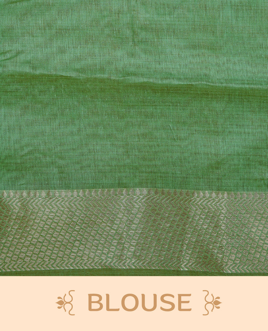 Cream Colour Tissue Kerala Saree Featuring Floral Kodi Threadwork Across The Body, Enhanced With A Light Gold Zari Border And A Light Green Floral Pallu, Finished With Gold Tassels And A Matching Blouse Piece