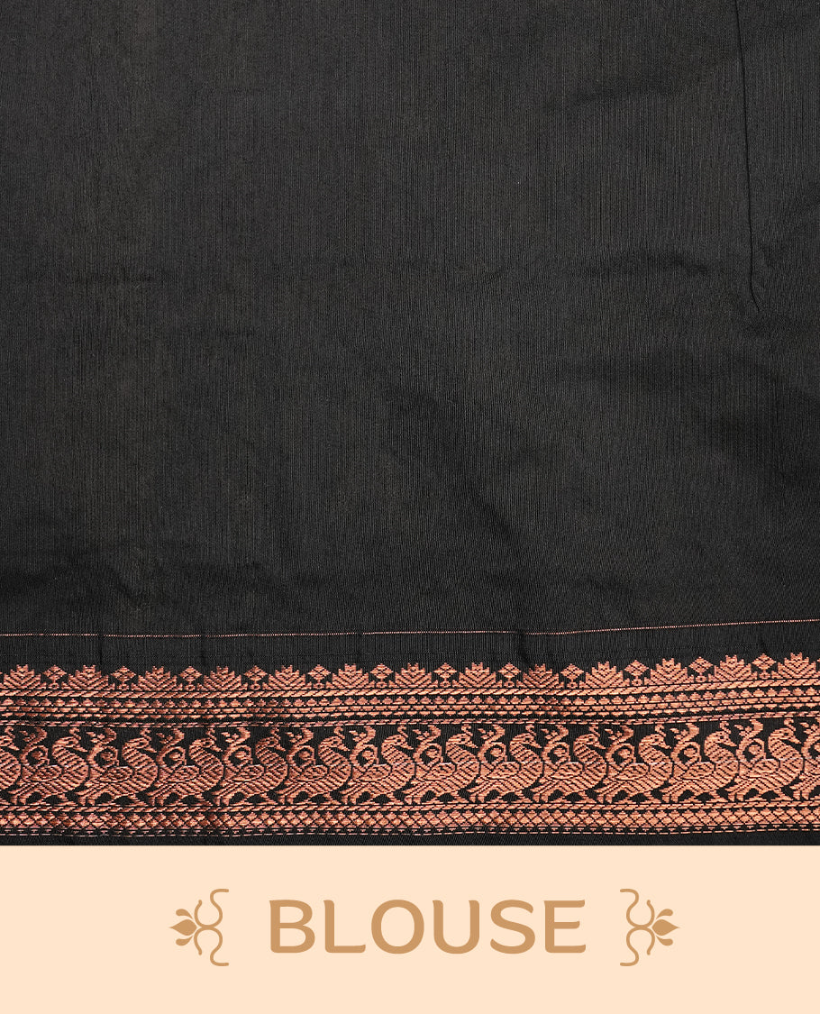 Black colour kalyani cotton saree featuring elegant plain body, complemented by self colour with Antique zari border, paired with matching blouse piece.