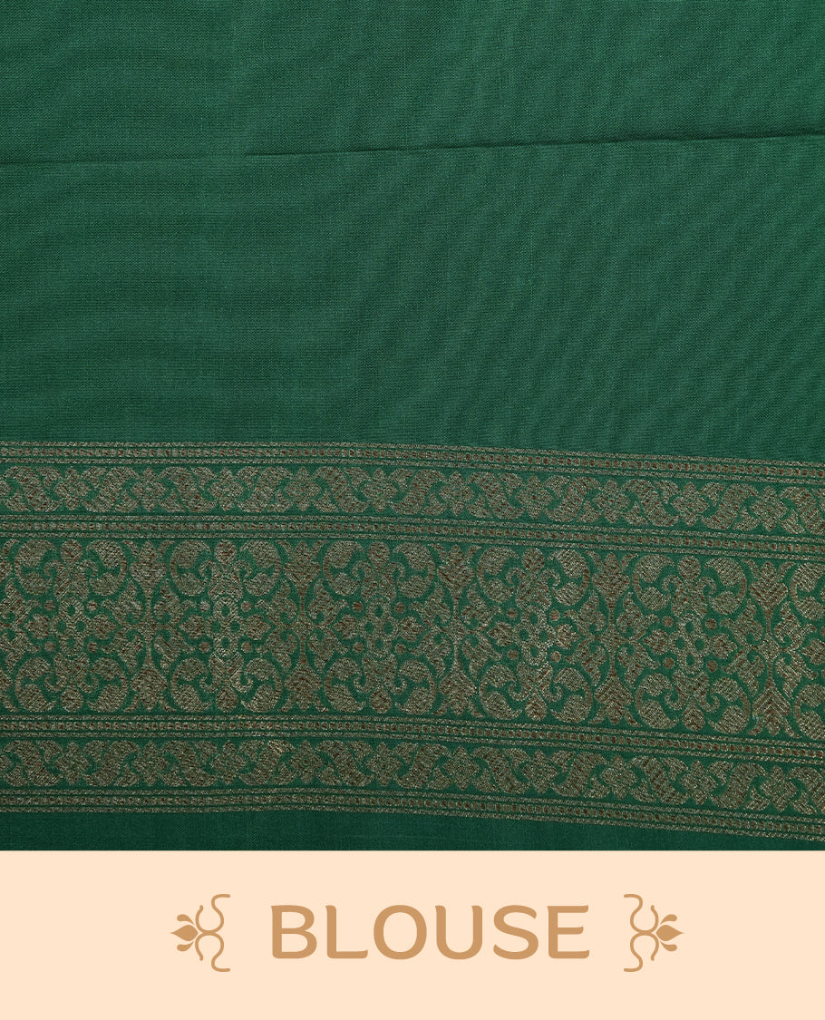 Forest Green Colour Semi Banarasi Katan Silk Saree with Gold Zari Buti Motifs, Traditional Gold Floral Pallu, Elaborate Woven Border, Decorative Tassels with Matching Blouse