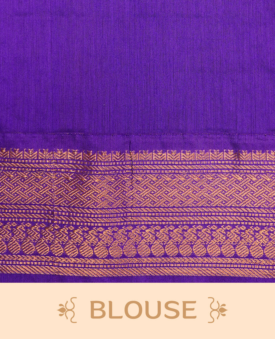 Maroon colour kalyani cotton saree featuring gold zari check pattern on body, complemented by Violet colour with Antique zari border, paired with matching blouse piece.