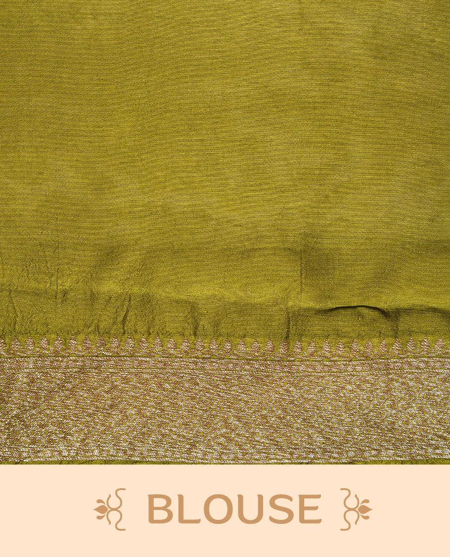 Olive colour Semi Banaras Tussar Georgette Featuring Gold zari Leaf pattern on body, Finished with Gold zari border and paired with matching blouse piece.