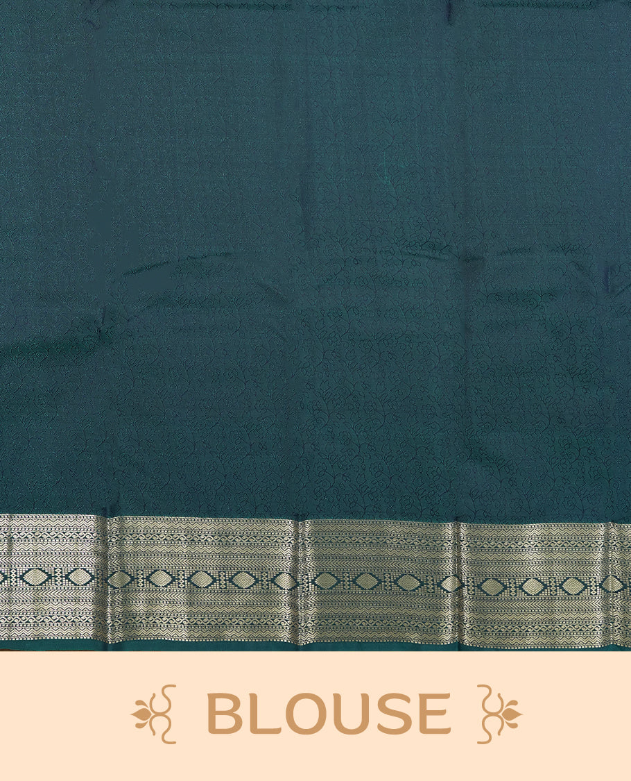 Teal Green colour semi soft silk saree featuring a self coloured textured with golden patterned body, complemented by self coloured golden zari motifes on pallu & border and a matching blouse piece.