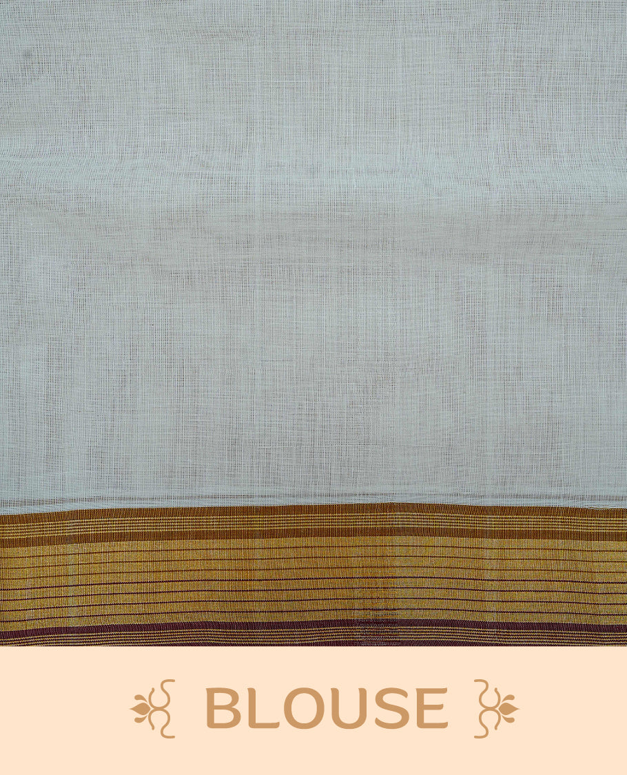 Cream Colour Cotton Kerala Saree Featuring a Plain Body, Enhanced with a Gold Zari and Maroon Border, Traditional Gold Zari Pallu, and a Matching Blouse Piece.