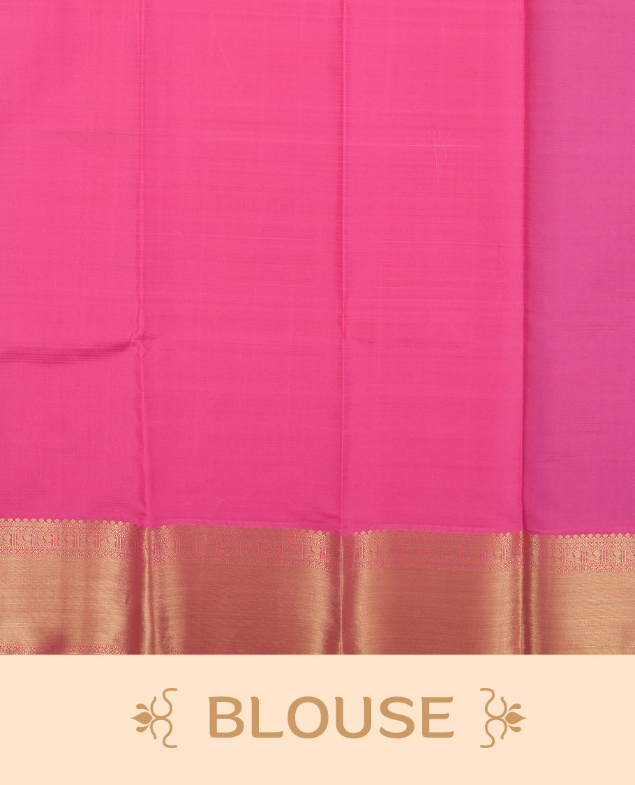 Aqua blue colour semi soft silk saree featuring a gold zari textured patterned body, complemented by contrast pink colour gold zari motifes on pallu & border and a matching blouse piece.
