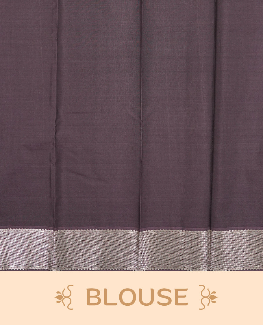 Purple taupe colour semi soft silk saree featuring a gold peacock & floral motifs body, complemented by gold traditional pallu & border and a matching blouse piece.