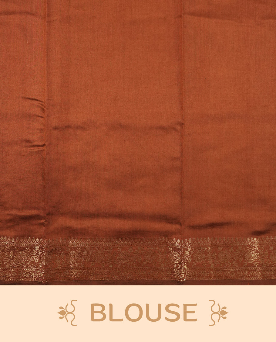 Cream Beige Colour Banaras Soft Silk Saree with Gold Zari Mandala Oval Buttas, Intricate Multi-Layered Floral and Foliate Pallu Border, Grand Pallu with Ornate Peacock Motifs in Burgundy and Gold Tones, and Matching Rust Orange Blouse.