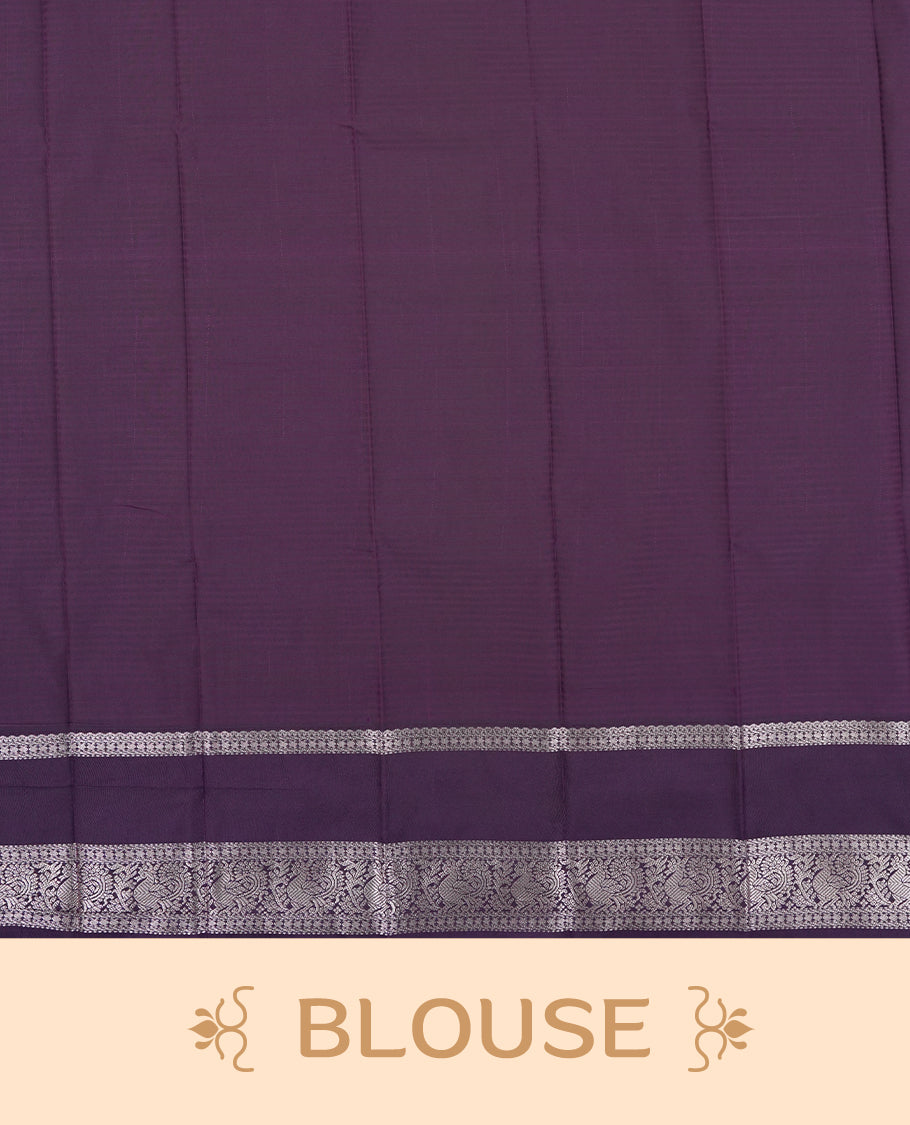 Rani Pink Colour Semi Silk Saree with Silver Diagonal Striped Butta Body, Contrasting Eggplant Purple Silver Zari Pallu & Border, Diamond Lattice Motifs, and Matching Blouse Piece