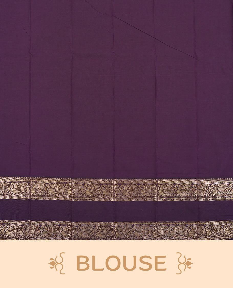 Olive yellow colour Semi Silk Saree with gold zari striped patterns on the body, paired with a contrasting Dark purple traditional pallu and border, and a matching blouse piece.