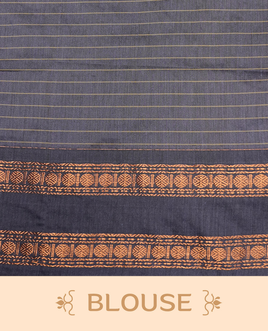 Grey colour kalyani cotton saree featuring gold zari check pattern on body, complemented by self colour with Antique zari border, paired with matching blouse piece.