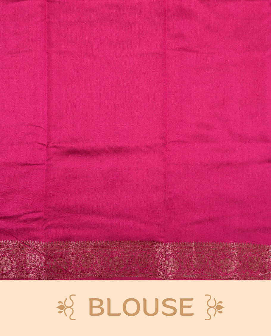 Cream Colour Banaras Soft Silk Saree with Gold and Rose Gold Zari Textured Diamond-Shaped Buttas, Simple Decorative Pallu Border, Grand Pallu with Ornate Floral and Circular Motifs in Magenta and Gold Tones, and Matching Bright Magenta Blouse.