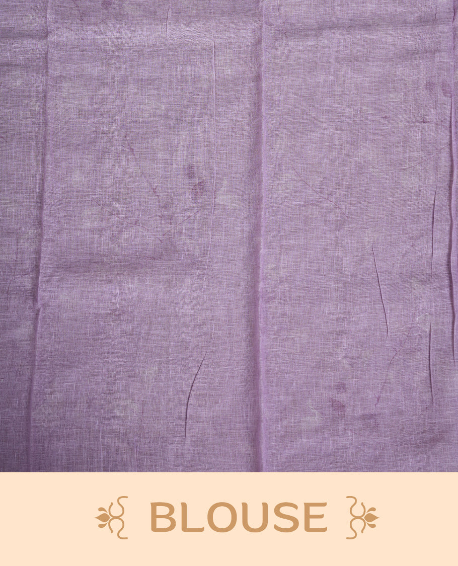 Lavender colour pure linen saree featuring leaf print pattern across body, silver thin border finished with matching blouse.