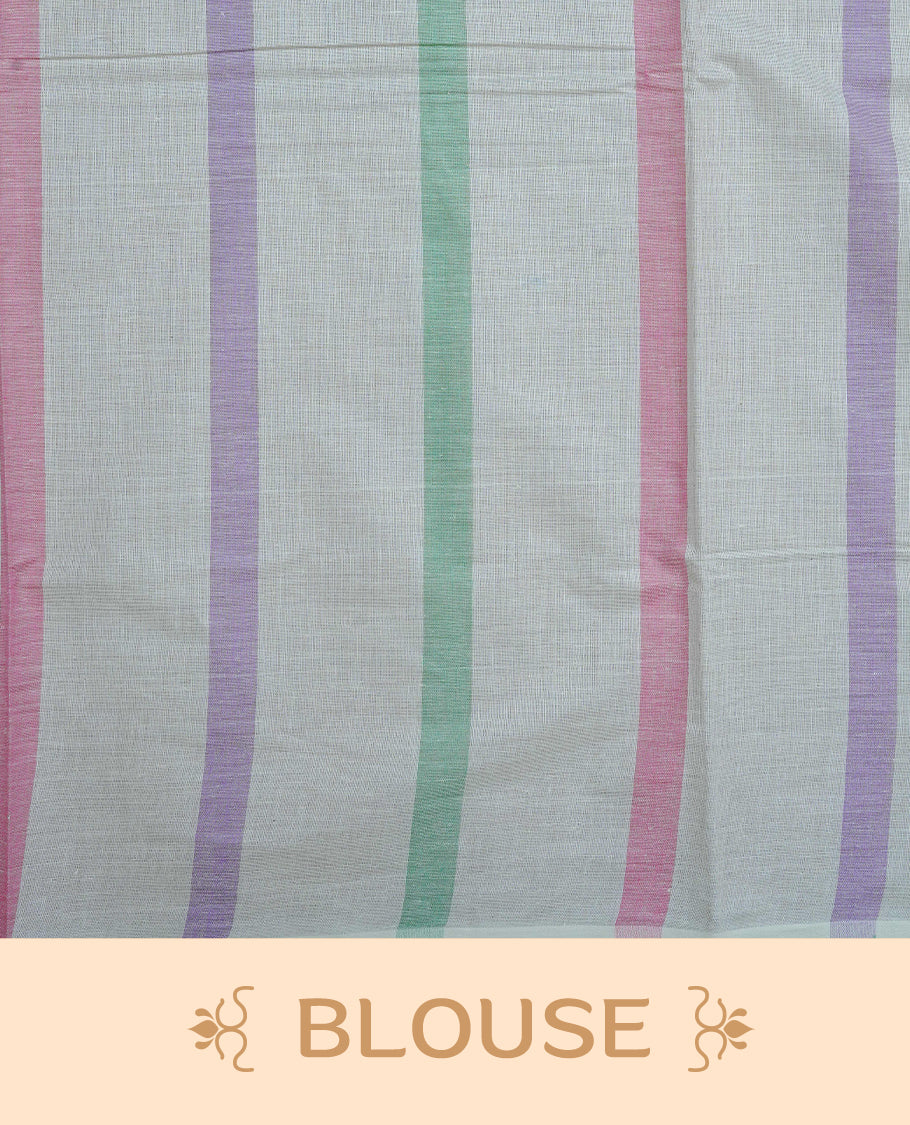 Cream Colour Cotton Kerala Saree Featuring Pink, Green and Lavender Stripes Across the Body, Complemented by a Matching Striped Pallu, Multicolour Tassels, and a Matching Blouse Piece.