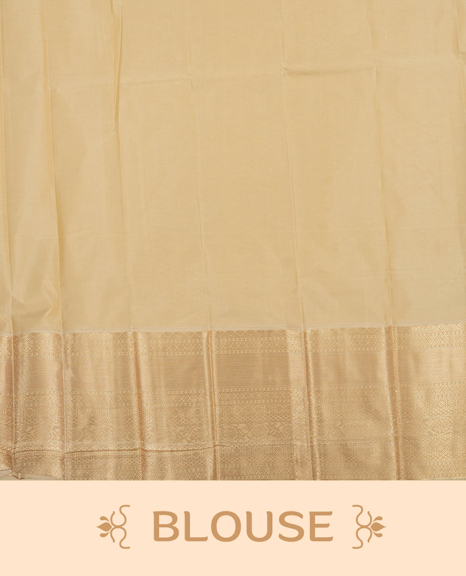 Burgundy colour Semi Silk Saree with gold zari striped patterns on the body, paired with a contrasting cream colour traditional pallu and border, and a matching blouse piece.